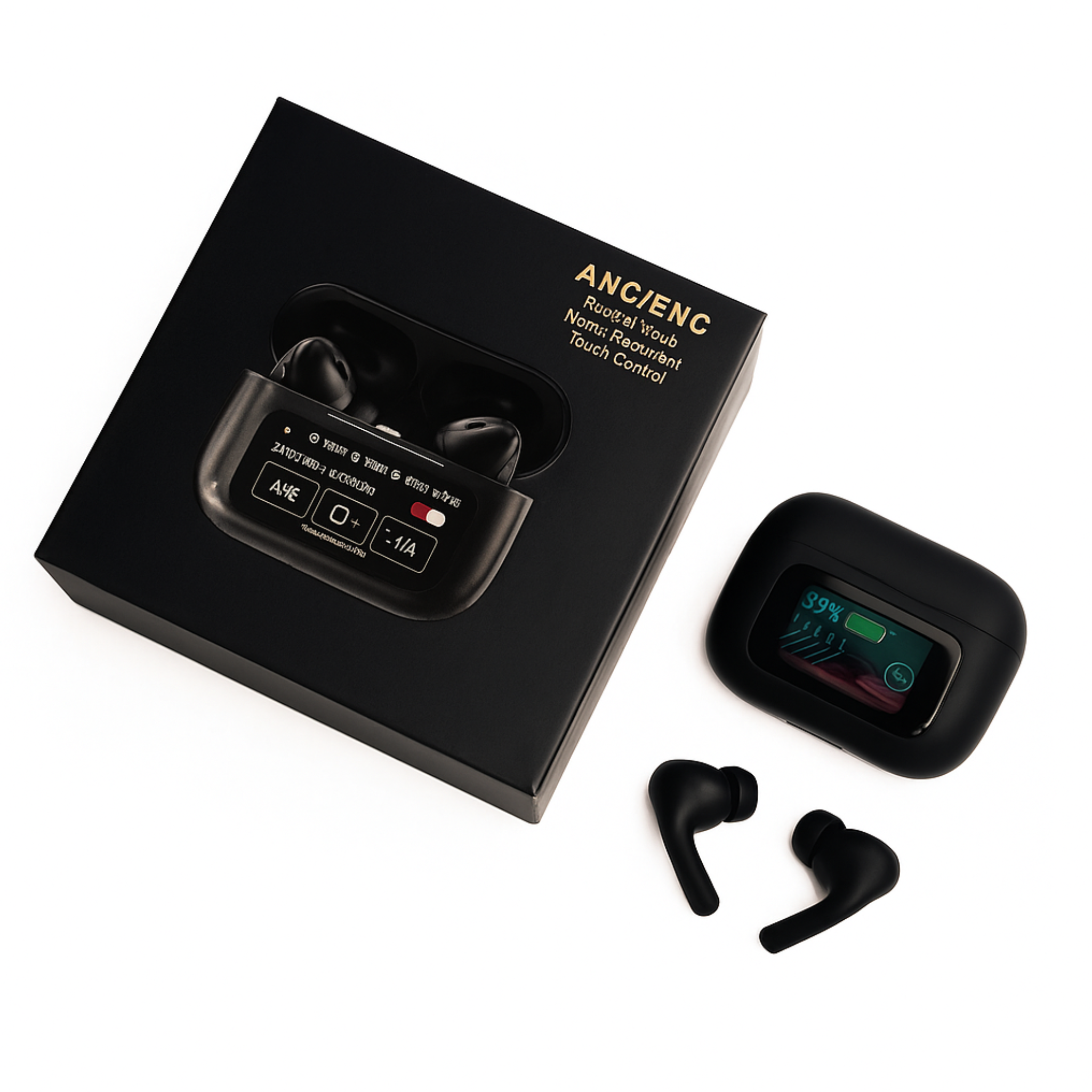A9 Pro Touch Screen TWS Earbuds - LCD Display Case, ANC/ENC Noise Cancellation
